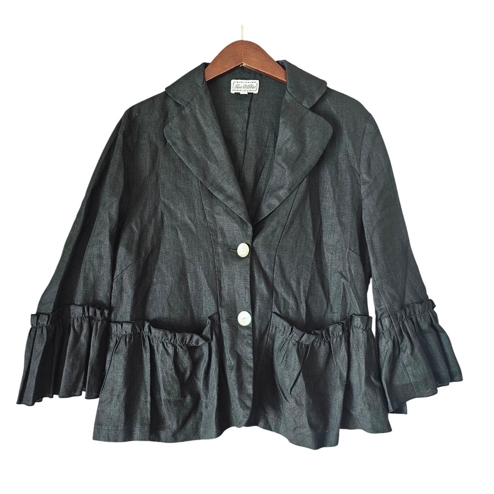 VINTAGE Two Wishes Black Natural Linen Blend Ruffle Sleeve Topper Lagenlook M